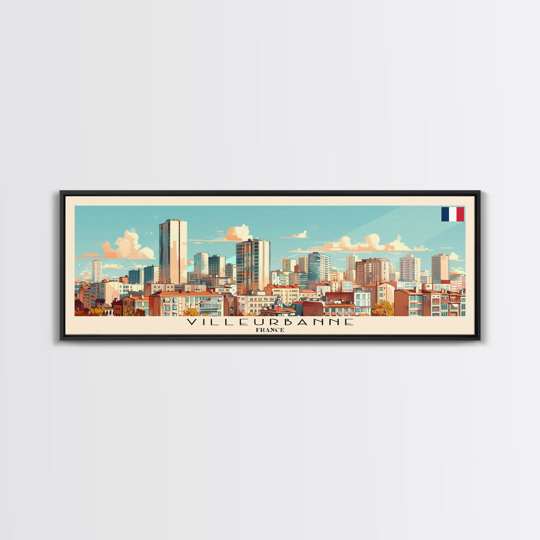 Villeurbanne France Panoramic Travel Poster, Framed Canvas Print or Metal Wall Art, Travel Art, Home Decor, Panoramic Painting, Midcentury Art