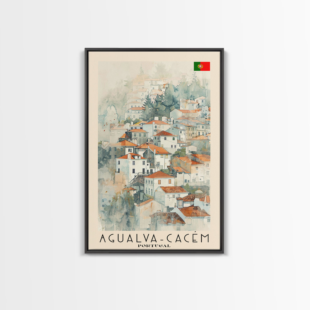 Agualva-Cacém in Portugal Watercolor Travel Poster Art, Framed Canvas Print, Perfect Wall Art for Living Room or Bedroom Decor