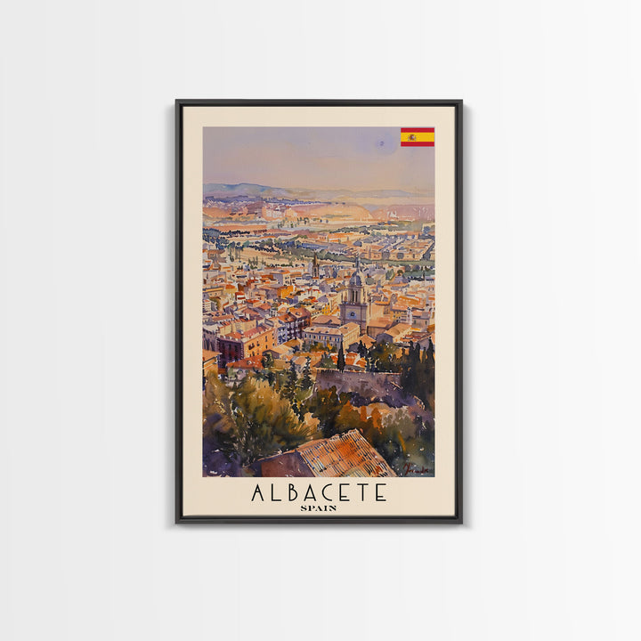 Albacete Spain Skyline Travel Poster Art, Framed Canvas Print, Vibrant Wall Art for Living Room, Bedroom Decor, Home Decoration