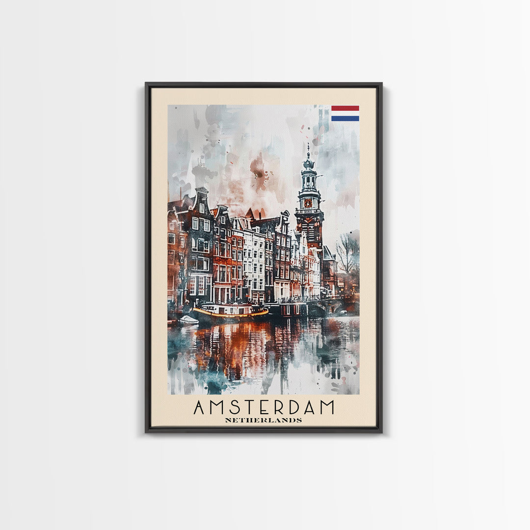 Stunning Amsterdam Cityscape, Framed Canvas Print, Perfect for Living Room Art, Travel Poster, Boho Home Decor, Watercolor Art