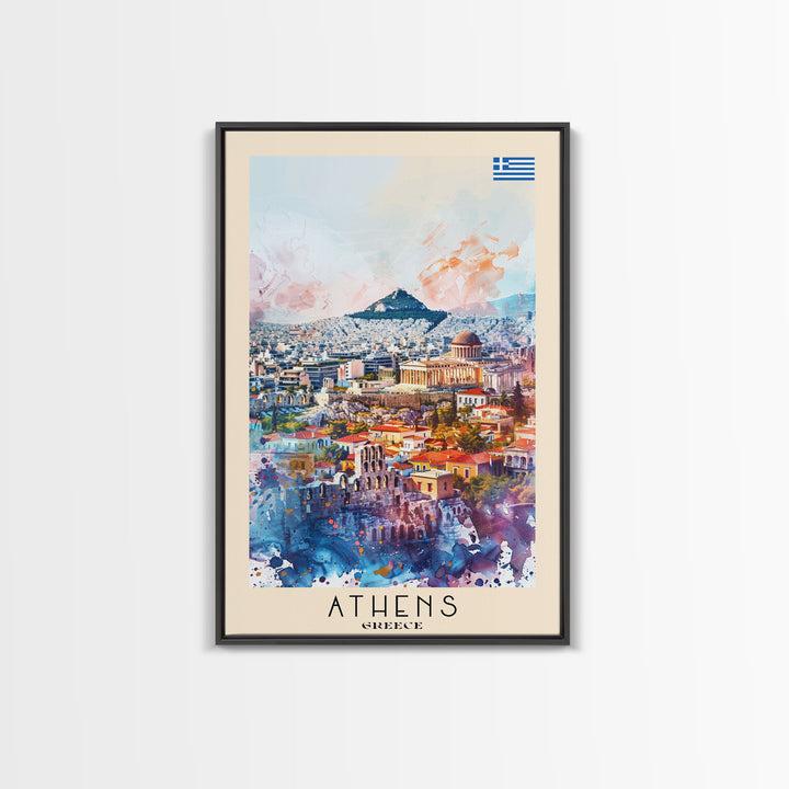 Athens Greece Travel Poster Framed Canvas Print, Wall Art, Home Decor, Vacation Print, Watercolor Painting, Ancient Ruins, Historical Art