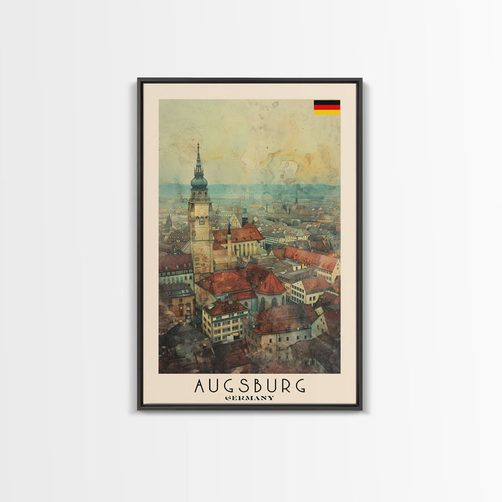 Augsburg Germany Travel Poster Framed Canvas Print, Wall Art, Home Decor, Travel Print, Watercolor Painting, Historical Cityscape, Original Art