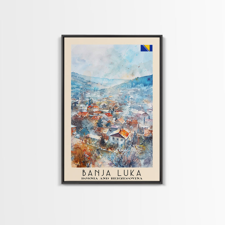 Banja Luka Bosnia Travel Poster Framed Canvas Print, Wall Art, Home Decor, Travel Print, Watercolor Painting, Scenic View, Original Art