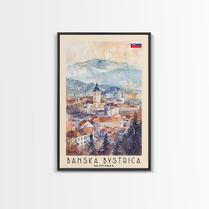 Banska Bystrica Slovakia Travel Poster Framed Canvas Print, Wall Art, Home Decor, Vacation Print, Watercolor Painting, Cityscape Art