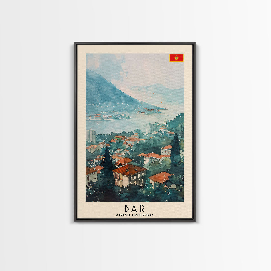 Bar Montenegro Travel Poster Framed Canvas Print, Wall Art, Living Room Art, Watercolor Painting, Original Art, Vacation Gift