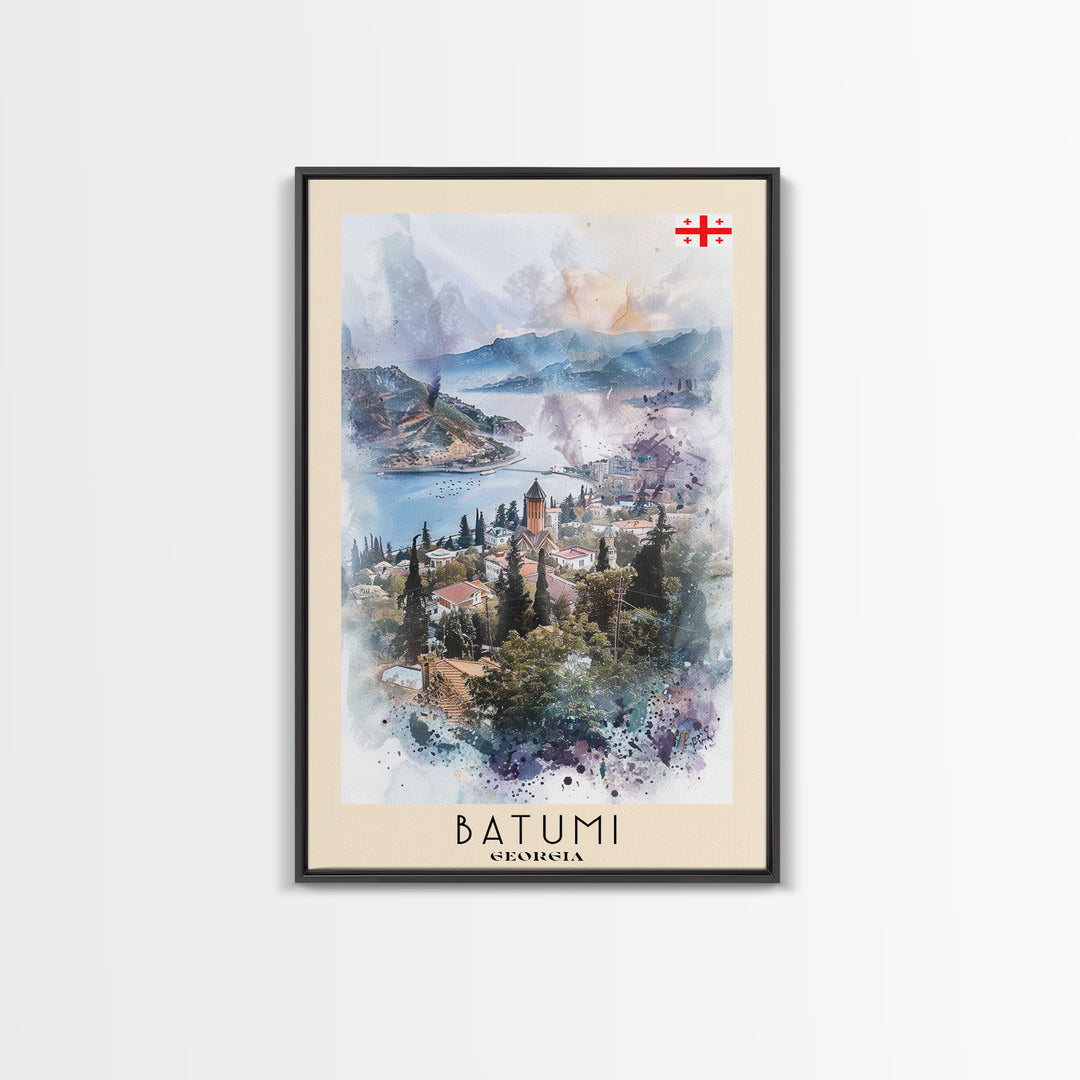 Batumi Georgia Travel Poster Framed Canvas Print, Wall Art, Home Decor, Watercolor Painting, Vacation Gift, Minimalist Art