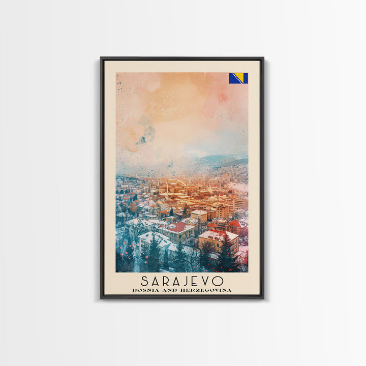 Sarajevo Bosnia and Herzegovina Travel Poster Framed Canvas Print, Watercolor Painting, Historic Wall Art, Home Decor, Bosnian Cityscape, Classic Art