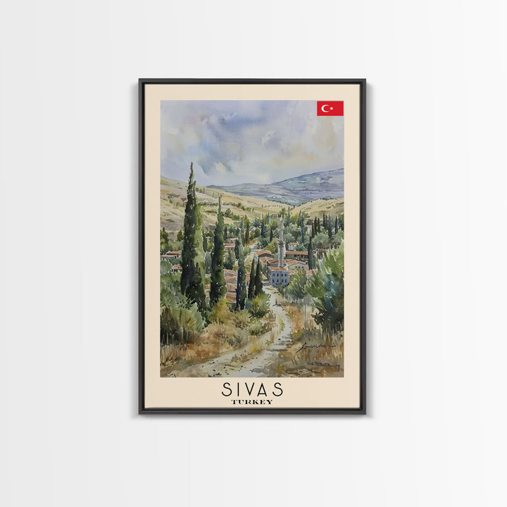 Sivas Turkey Travel Poster Framed Canvas Print, Watercolor Painting, Scenic Wall Art, Home Decor, Turkish Landscape, Modern Art