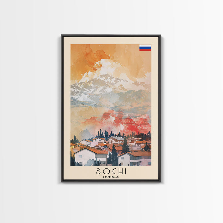 Sochi Russia Travel Poster Framed Canvas Print, Watercolor Painting, Coastal Wall Art, Home Decor, Russian Seaside, Vibrant Art