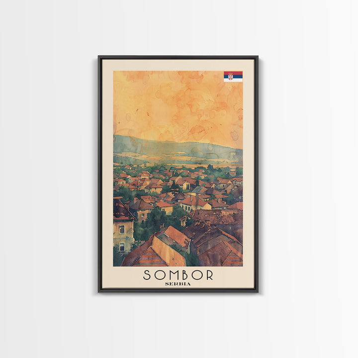 Sombor Serbia Travel Poster Framed Canvas Print, Watercolor Painting, Scenic Wall Art, Home Decor, Serbian Landscape, Classic Art