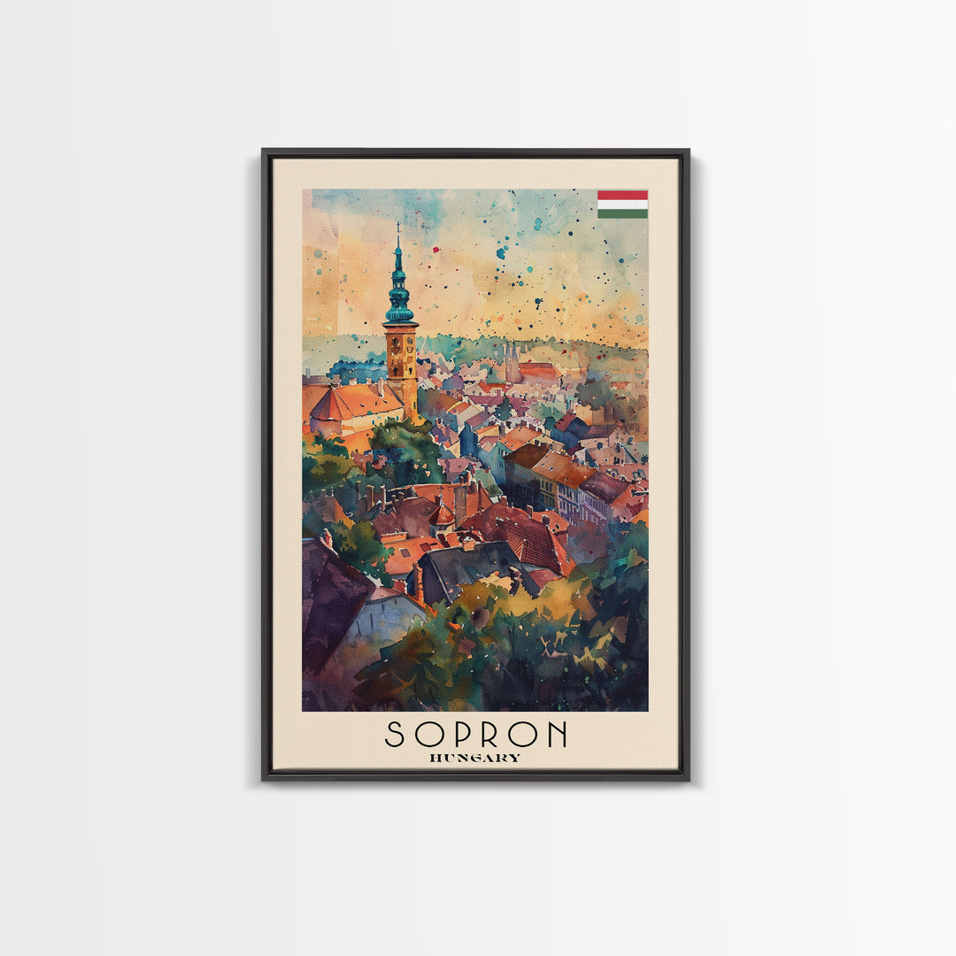 Sopron Hungary Travel Poster Framed Canvas Print, Watercolor Painting, Scenic Wall Art, Home Decor, Hungarian Cityscape, Artistic Art