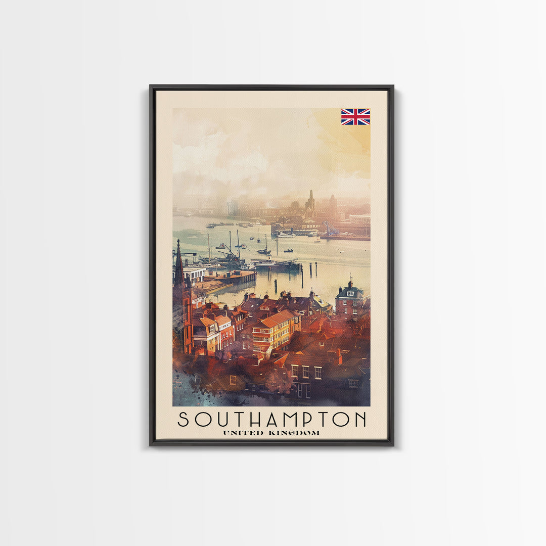 Southampton United Kingdom Travel Poster Framed Canvas Print, Watercolor Painting, Coastal Wall Art, Home Decor, British Seaside, Vibrant Decor