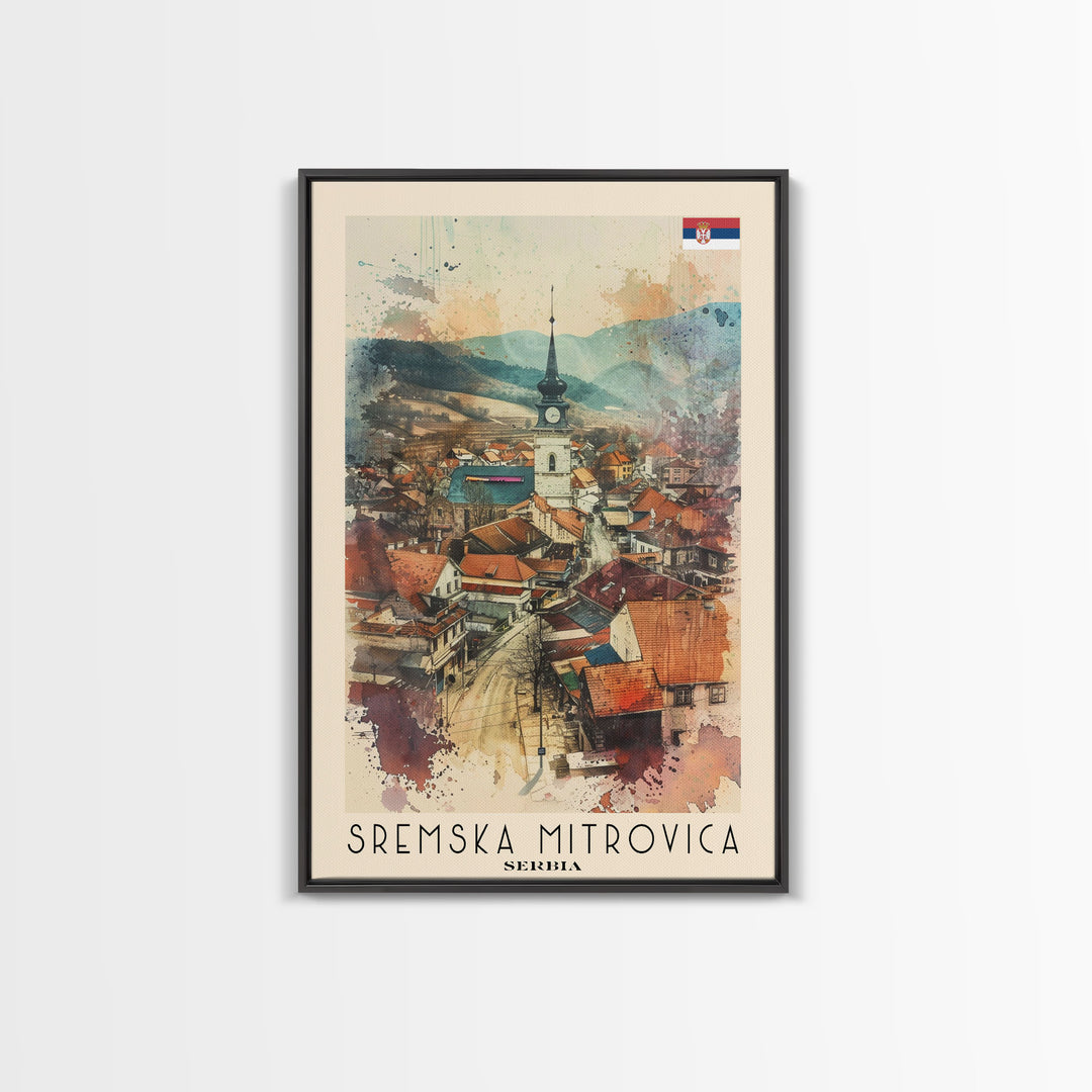 Sremska Mitrovica Serbia Travel Poster Framed Canvas Print, Watercolor Painting, Scenic Wall Art, Home Decor, Serbian Landscape, Artistic Decor