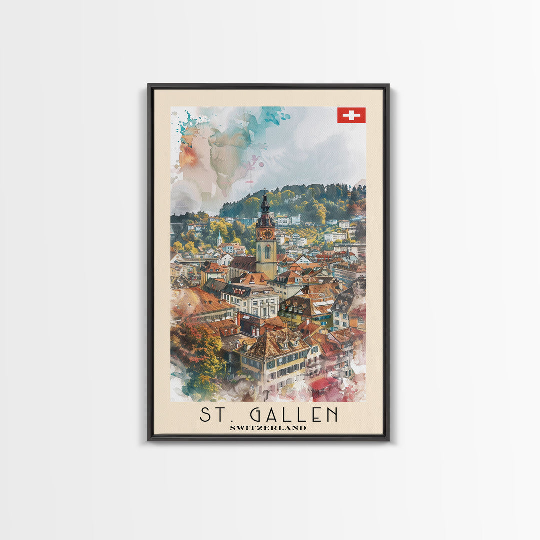 St Gallen Switzerland Travel Poster Framed Canvas Print, Watercolor Painting, Scenic Wall Art, Home Decor, Swiss Landscape, Classic Art