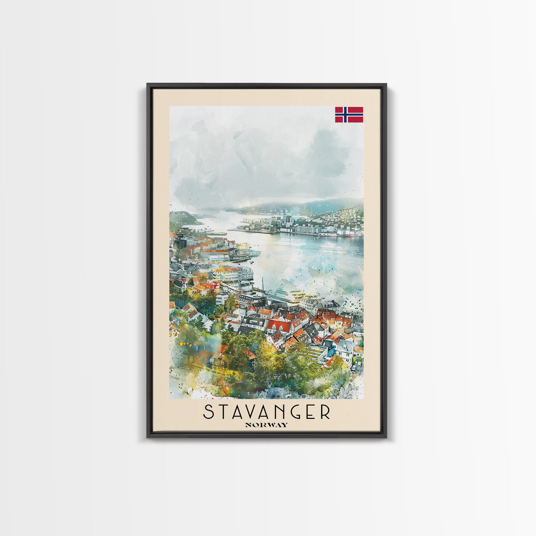 Stavanger Norway Travel Poster Framed Canvas Print, Watercolor Painting, Coastal Wall Art, Home Decor, Norwegian Seaside, Nautical Decor