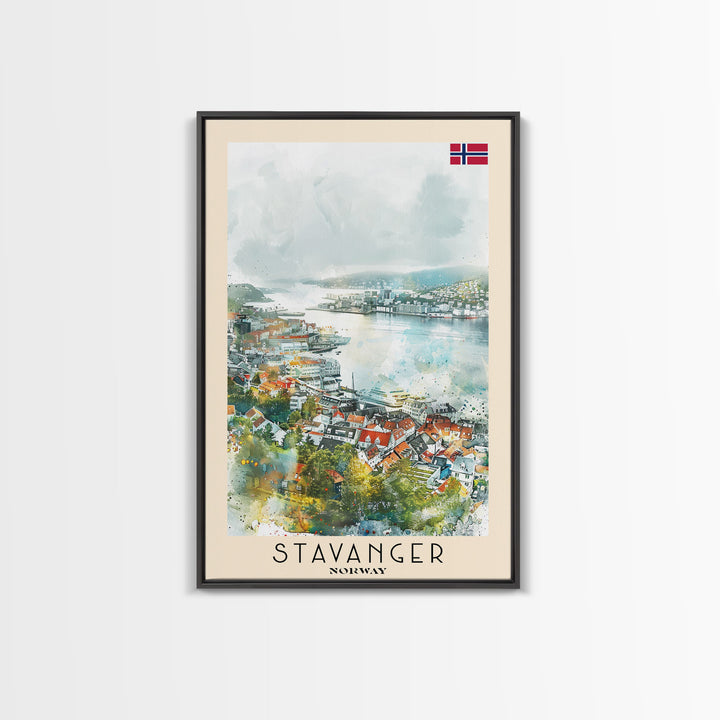 Stavanger Norway Travel Poster Framed Canvas Print, Watercolor Painting, Coastal Wall Art, Home Decor, Norwegian Seaside, Nautical Decor