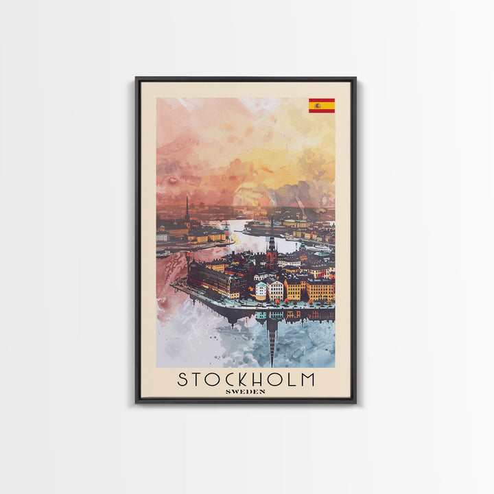 Stockholm Sweden Travel Poster Framed Canvas Print, Watercolor Painting, Scenic Wall Art, Home Decor, Swedish Cityscape, Contemporary Art