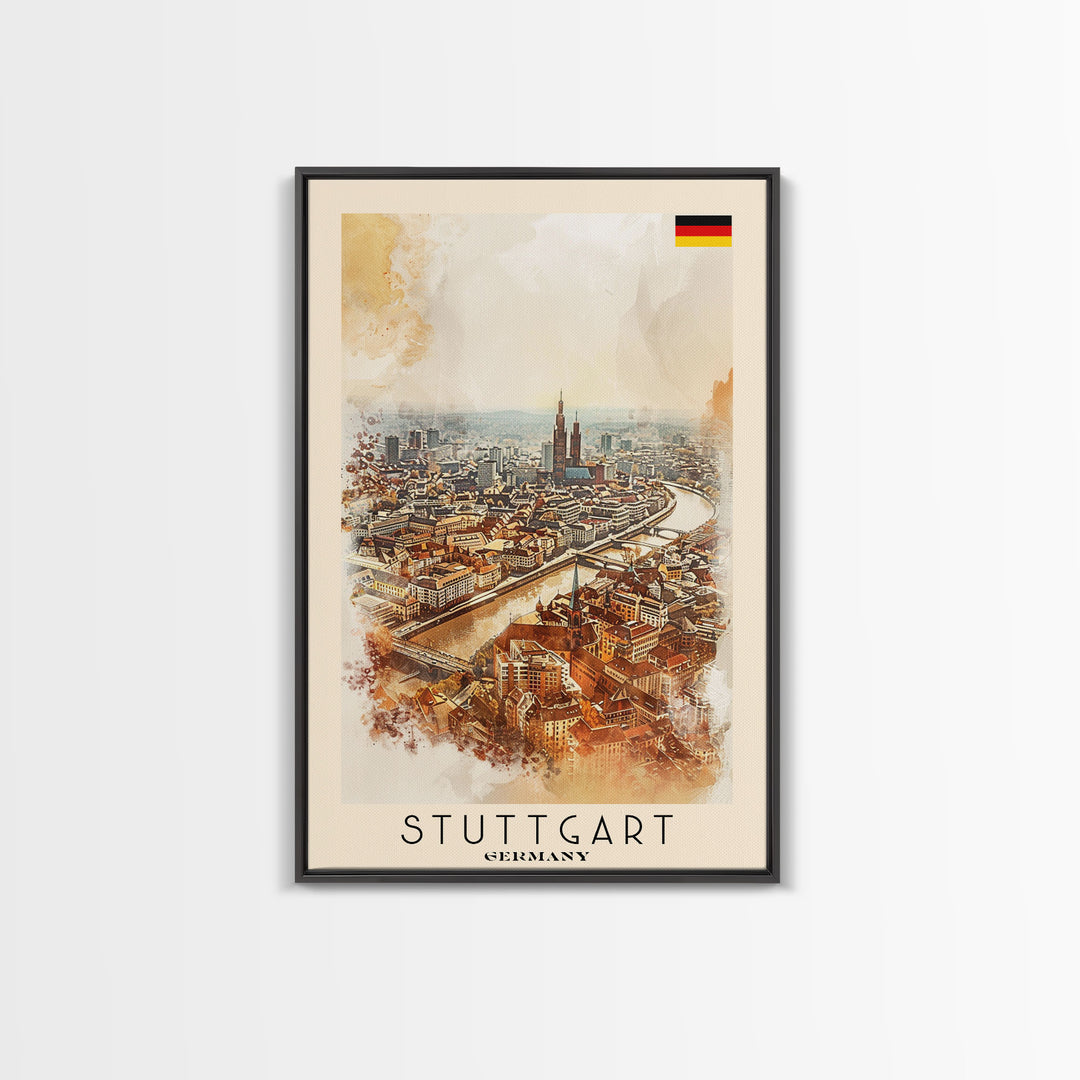 Stuttgart Germany Travel Poster Framed Canvas Print, Watercolor Painting, Urban Wall Art, Home Decor, German Cityscape, Modern Art