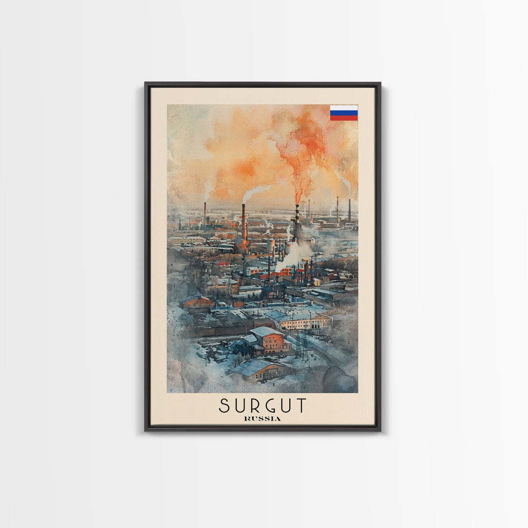 Surgut Russia Travel Poster Framed Canvas Print, Watercolor Painting, Scenic Wall Art, Home Decor, Russian Landscape, Minimalist Art