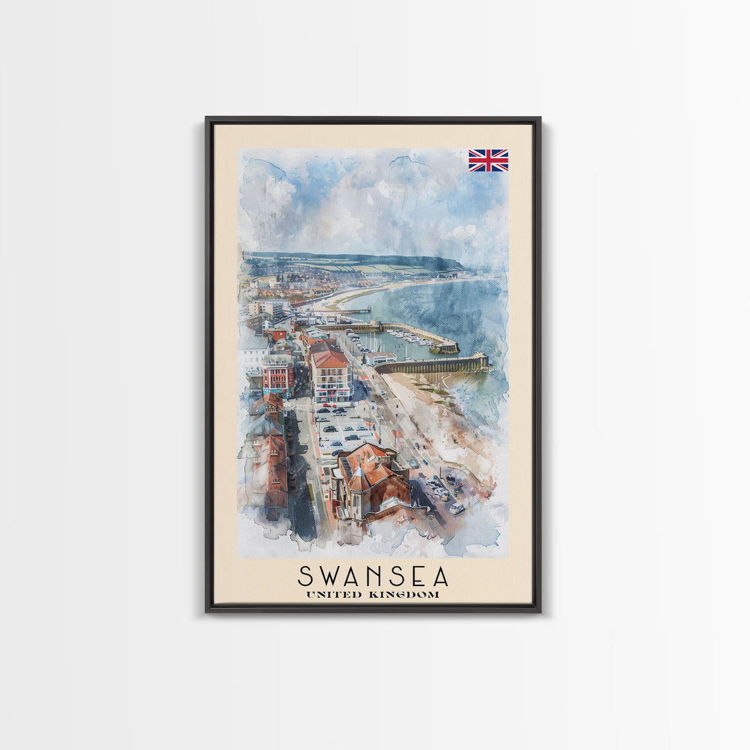 Swansea United Kingdom Travel Poster Framed Canvas Print, Watercolor Painting, Coastal Wall Art, Home Decor, British Seaside, Nautical Art