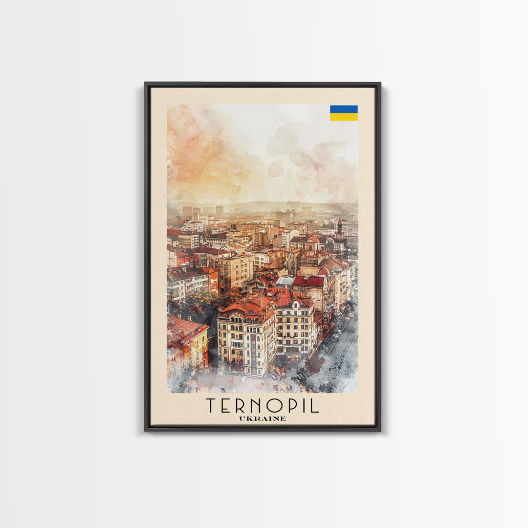 Ternopil Ukraine Travel Poster Framed Canvas Print, Watercolor Painting, Scenic Wall Art, Home Decor, Ukrainian Landscape, Classic Decor