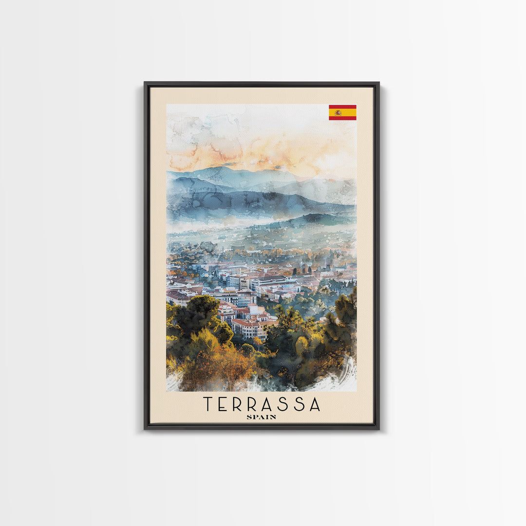 Terrassa Spain Travel Poster Framed Canvas Print, Watercolor Painting, Urban Wall Art, Home Decor, Spanish Cityscape, Modern Art