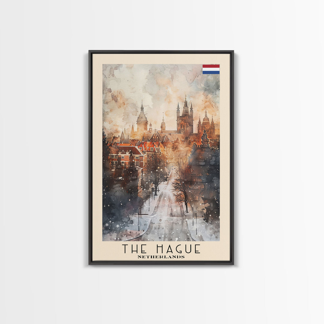 The Hague Netherlands Travel Poster Framed Canvas Print, Watercolor Painting, Scenic Wall Art, Home Decor, Dutch Cityscape, Artistic Art