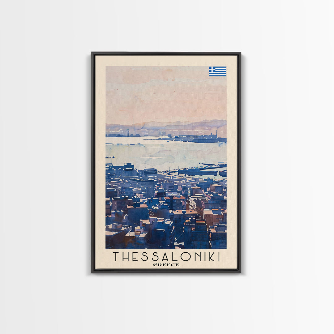 Thessaloniki Greece Travel Poster Framed Canvas Print, Watercolor Painting, Coastal Wall Art, Home Decor, Greek Seaside, Classic Decor