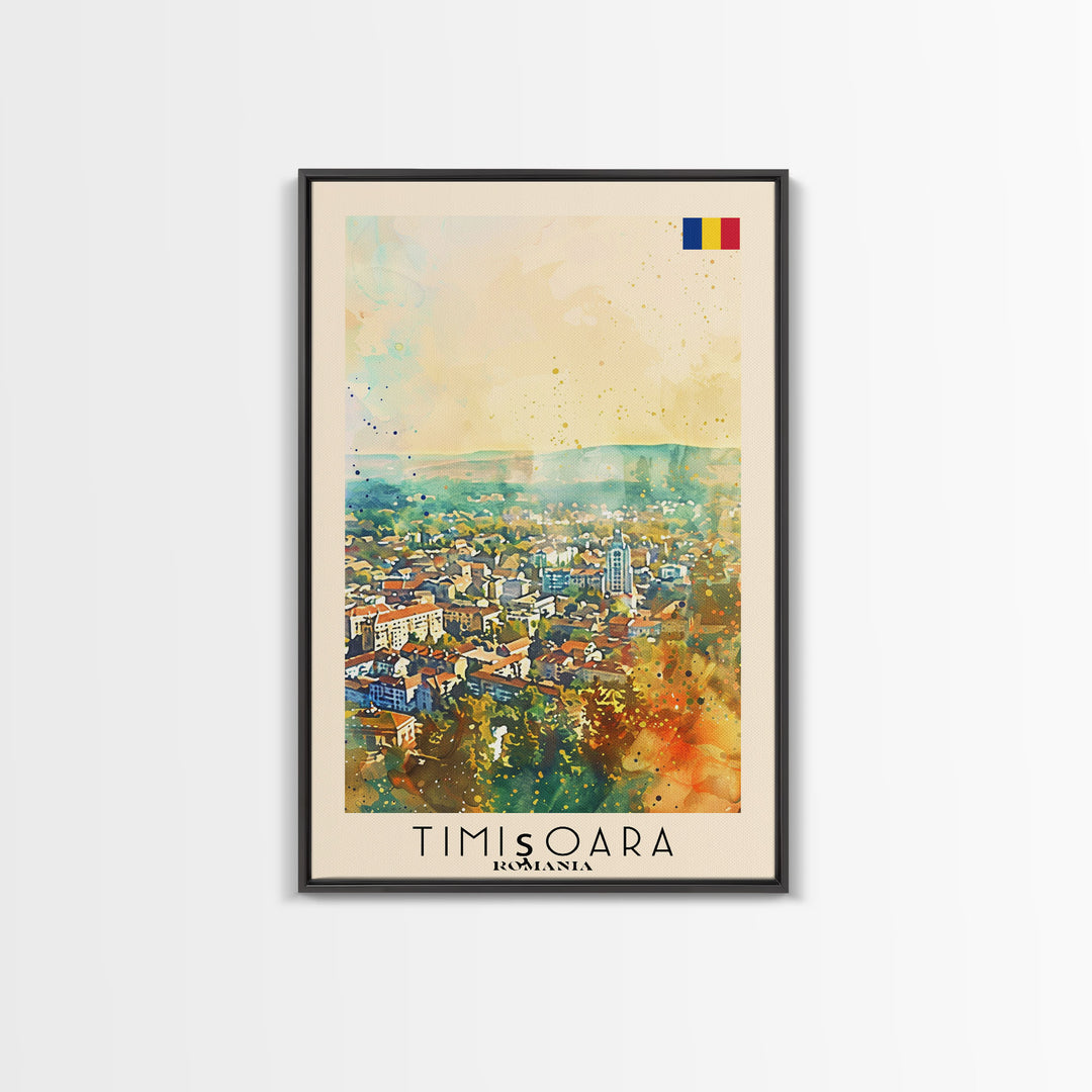 Timisoara Romania Travel Poster Framed Canvas Print, Watercolor Painting, Scenic Wall Art, Home Decor, Romanian Architecture, Heritage Art