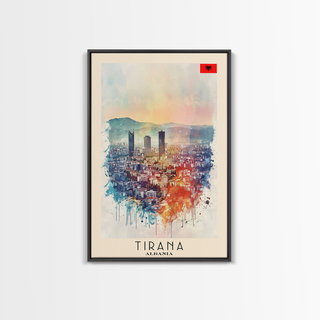 Tirana Albania Travel Poster Framed Canvas Print, Watercolor Painting, Urban Wall Art, Home Decor, Albanian Cityscape, Exotic Decor