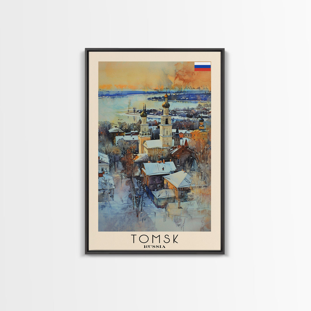 Tomsk Russia Travel Poster Framed Canvas Print, Watercolor Painting, Urban Wall Art, Home Decor, Russian Cityscape, Vintage Decor