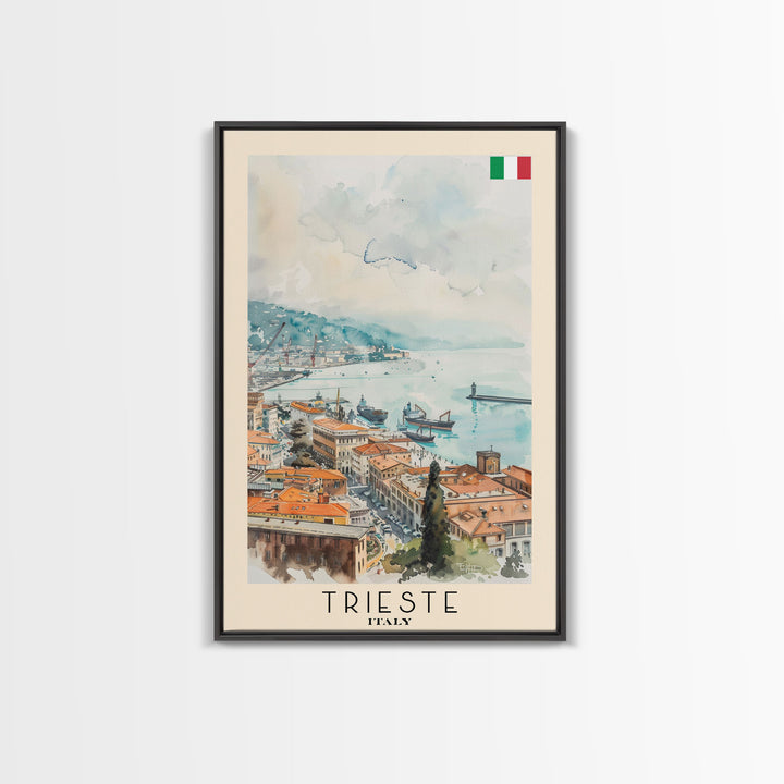 Trieste Italy Travel Poster Framed Canvas Print, Watercolor Painting, Coastal Wall Art, Home Decor, Italian Seaside, Nautical Art