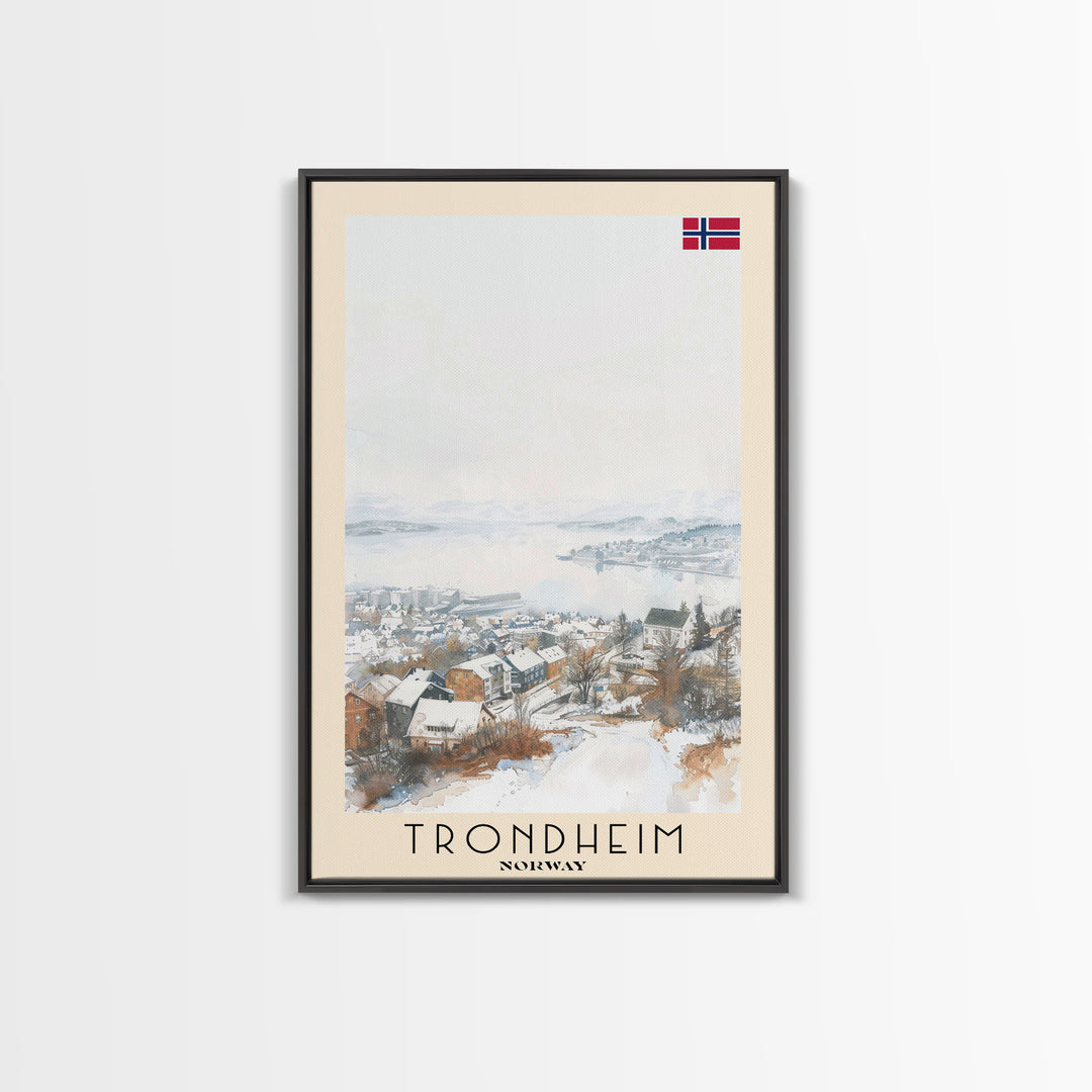 Trondheim Norway Travel Poster Framed Canvas Print, Watercolor Painting, Coastal Wall Art, Home Decor, Norwegian Seaside, Nordic Decor