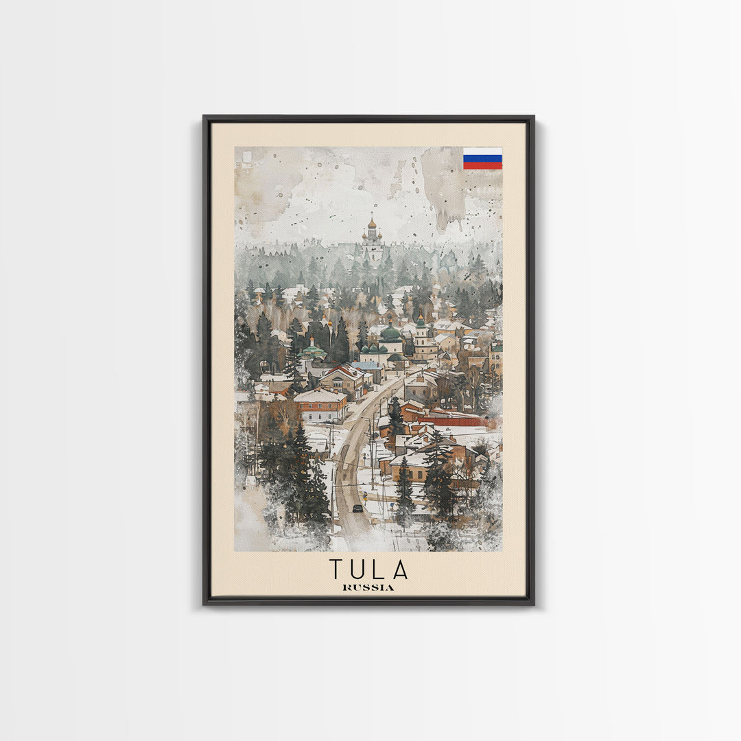 Tula Russia Travel Poster Framed Canvas Print, Watercolor Painting, Urban Wall Art, Home Decor, Russian Cityscape, Classic Art