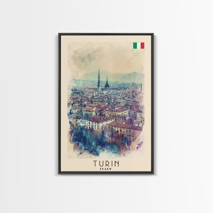 Turin Italy Travel Poster Framed Canvas Print, Watercolor Painting, Urban Wall Art, Home Decor, Italian Cityscape, Vintage Decor