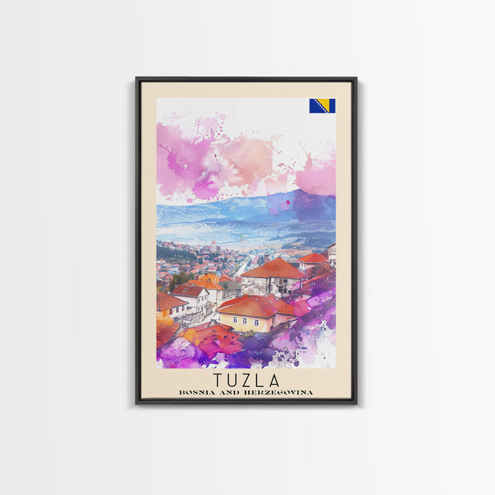 Tuzla Bosnia Travel Poster Framed Canvas Print, Watercolor Painting, Scenic Wall Art, Home Decor, Bosnian Landscape, Unique Art