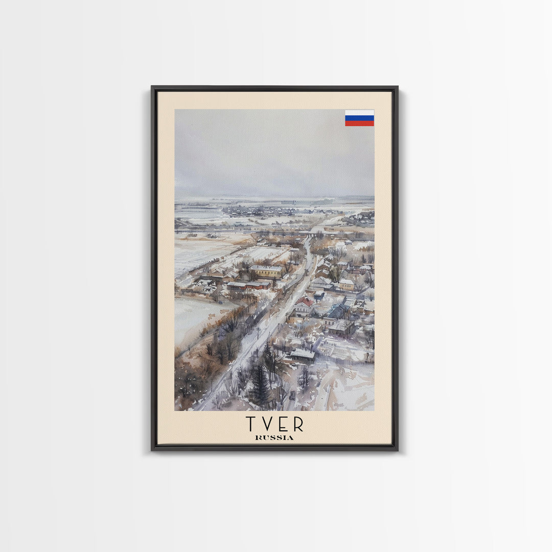 Tver Russia Travel Poster Framed Canvas Print, Watercolor Painting, Scenic Wall Art, Home Decor, Russian Landscape, Rustic Decor