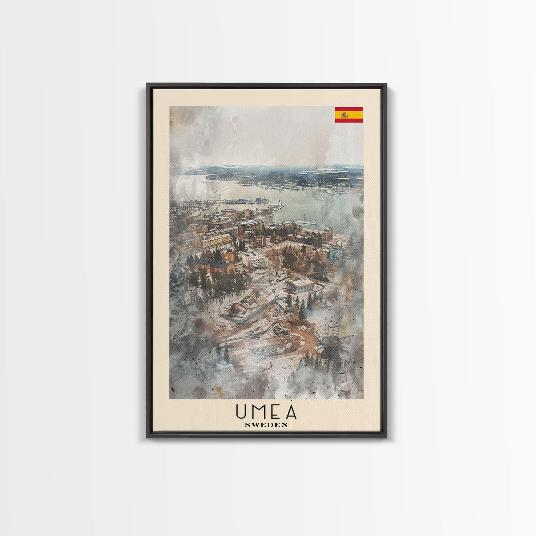 Ume Sweden Travel Poster Framed Canvas Print, Watercolor Painting, Scenic Wall Art, Home Decor, Swedish Landscape, Nordic Decor