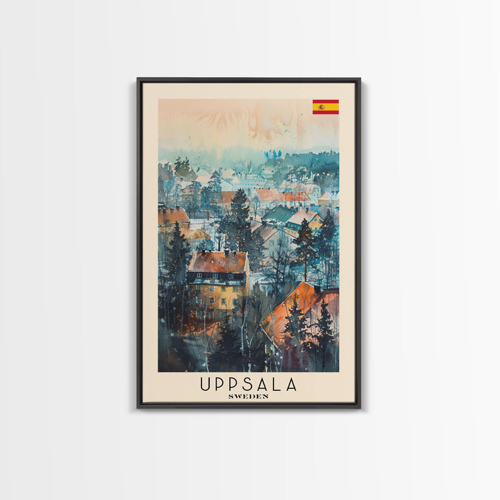 Uppsala Sweden Travel Poster Framed Canvas Print, Watercolor Painting, Urban Wall Art, Home Decor, Swedish Cityscape, Classic Decor