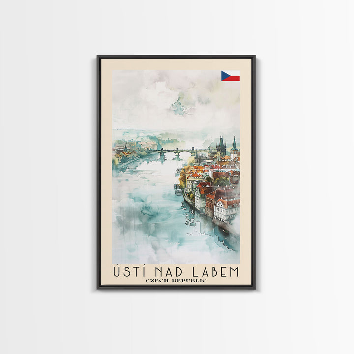 Usti Nad Labem Czech Travel Poster Framed Canvas Print, Watercolor Painting, Scenic Wall Art, Home Decor, Czech Landscape, Bohemian Art