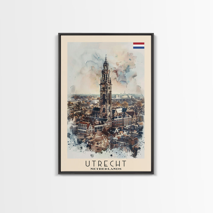 Utrecht Netherlands Travel Poster Framed Canvas Print, Watercolor Painting, Urban Wall Art, Home Decor, Dutch Cityscape, Trendy Art