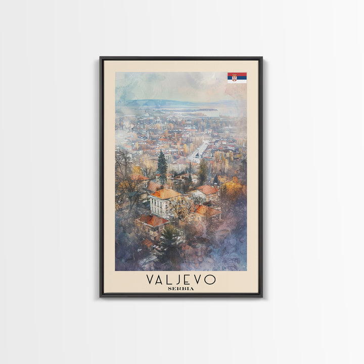 Valjevo Serbia Travel Poster Framed Canvas Print, Watercolor Painting, Scenic Wall Art, Home Decor, Serbian Landscape, Unique Art