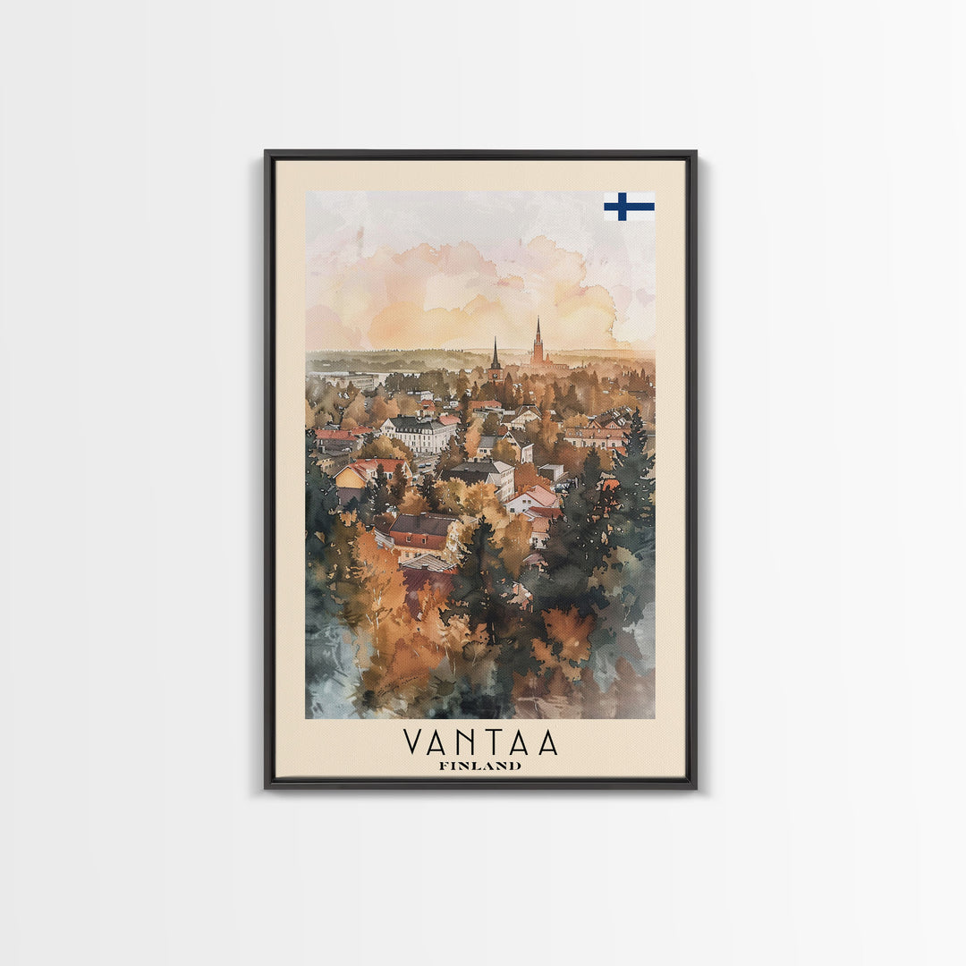 Vantaa Finland Travel Poster Framed Canvas Print, Watercolor Painting, Urban Wall Art, Home Decor, Finnish Cityscape, Modern Art