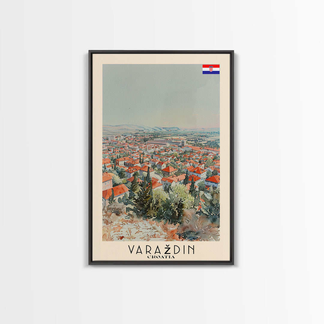 Varadin Croatia Travel Poster Framed Canvas Print, Watercolor Painting, Scenic Wall Art, Home Decor, Croatian Landscape, Rustic Decor