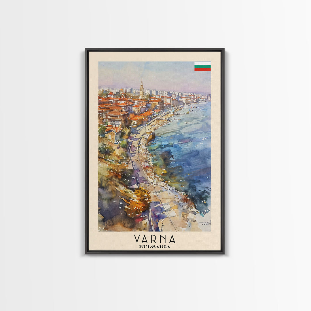 Varna Bulgaria Travel Poster Framed Canvas Print, Watercolor Painting, Coastal Wall Art, Home Decor, Bulgarian Seaside, Nautical Art