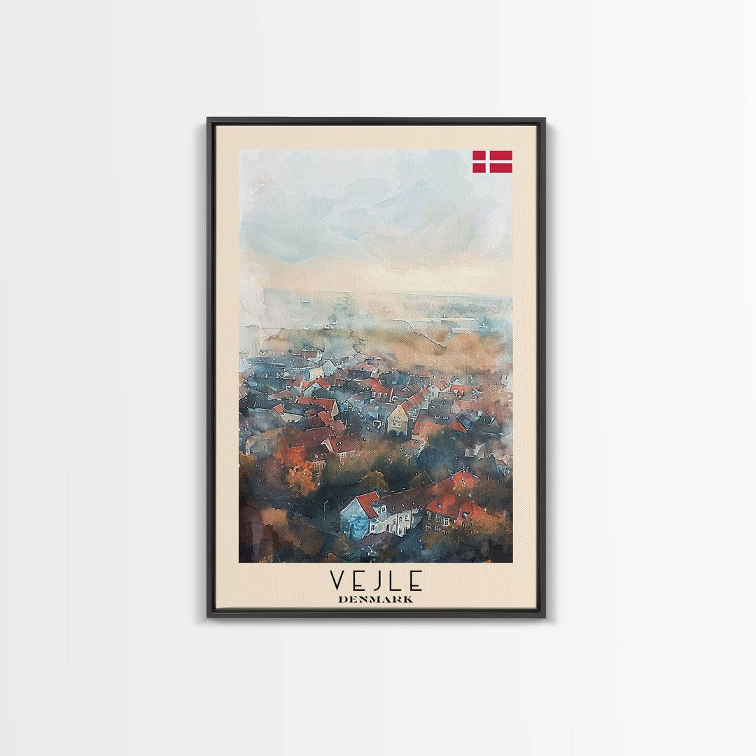 Vejle Denmark Travel Poster Framed Canvas Print, Watercolor Painting, Scenic Wall Art, Home Decor, Danish Landscape, Nordic Decor