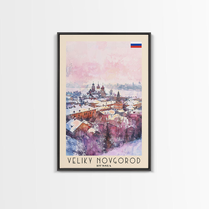 Veliky Novgorod Russia Travel Poster Framed Canvas Print, Watercolor Painting, Historic Wall Art, Home Decor, Russian Architecture, Classic Decor