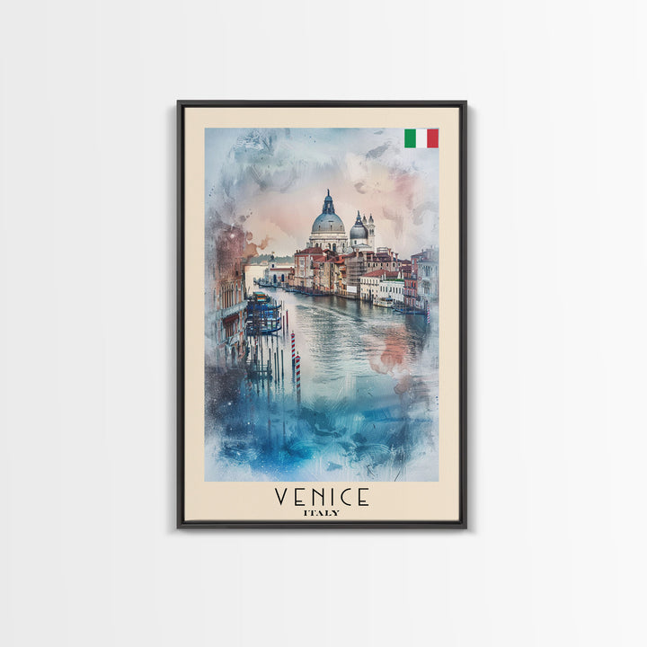 Venice Italy Travel Poster Framed Canvas Print, Watercolor Painting, Scenic Wall Art, Home Decor, Italian Canals, Romantic Decor