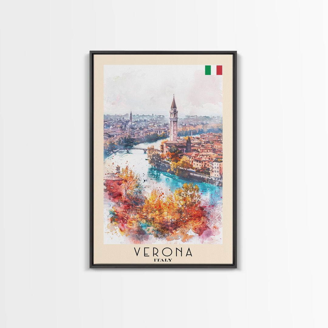 Verona Italy Travel Poster Framed Canvas Print, Watercolor Painting, Historic Wall Art, Home Decor, Italian Cityscape, Shakespearean Decor