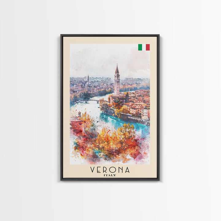 Verona Italy Travel Poster Framed Canvas Print, Watercolor Painting, Historic Wall Art, Home Decor, Italian Cityscape, Shakespearean Decor